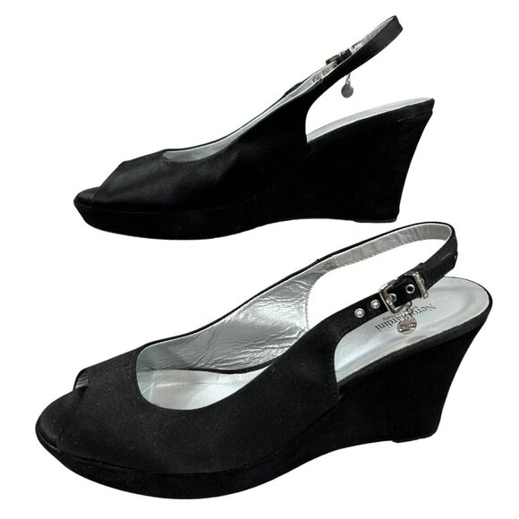 Nero Giardini Shoes - Nero Giardini Black Leather Suede Peep-Toe Slingback Wedge Sandal Size 9
